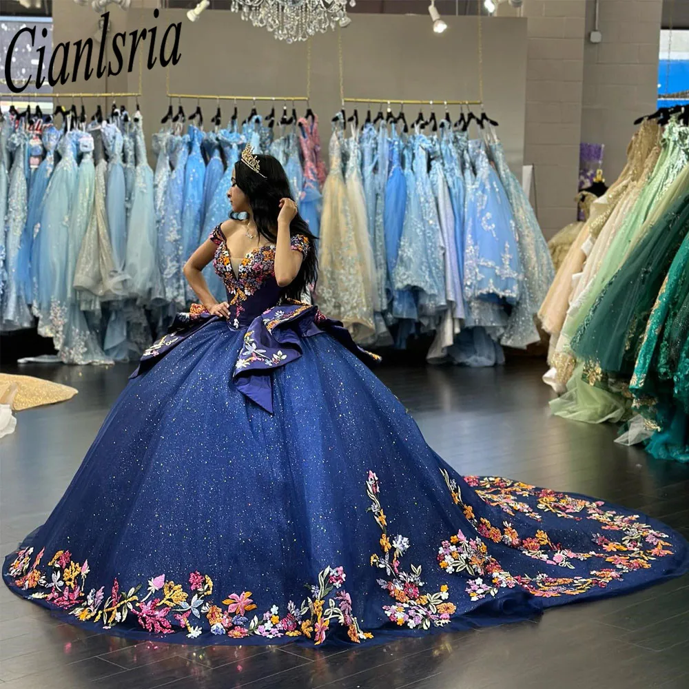 Vestido De quinceañera con hombros descubiertos, vestido azul brillante De lujo, corsé para fiesta De cumpleaños De 15 años