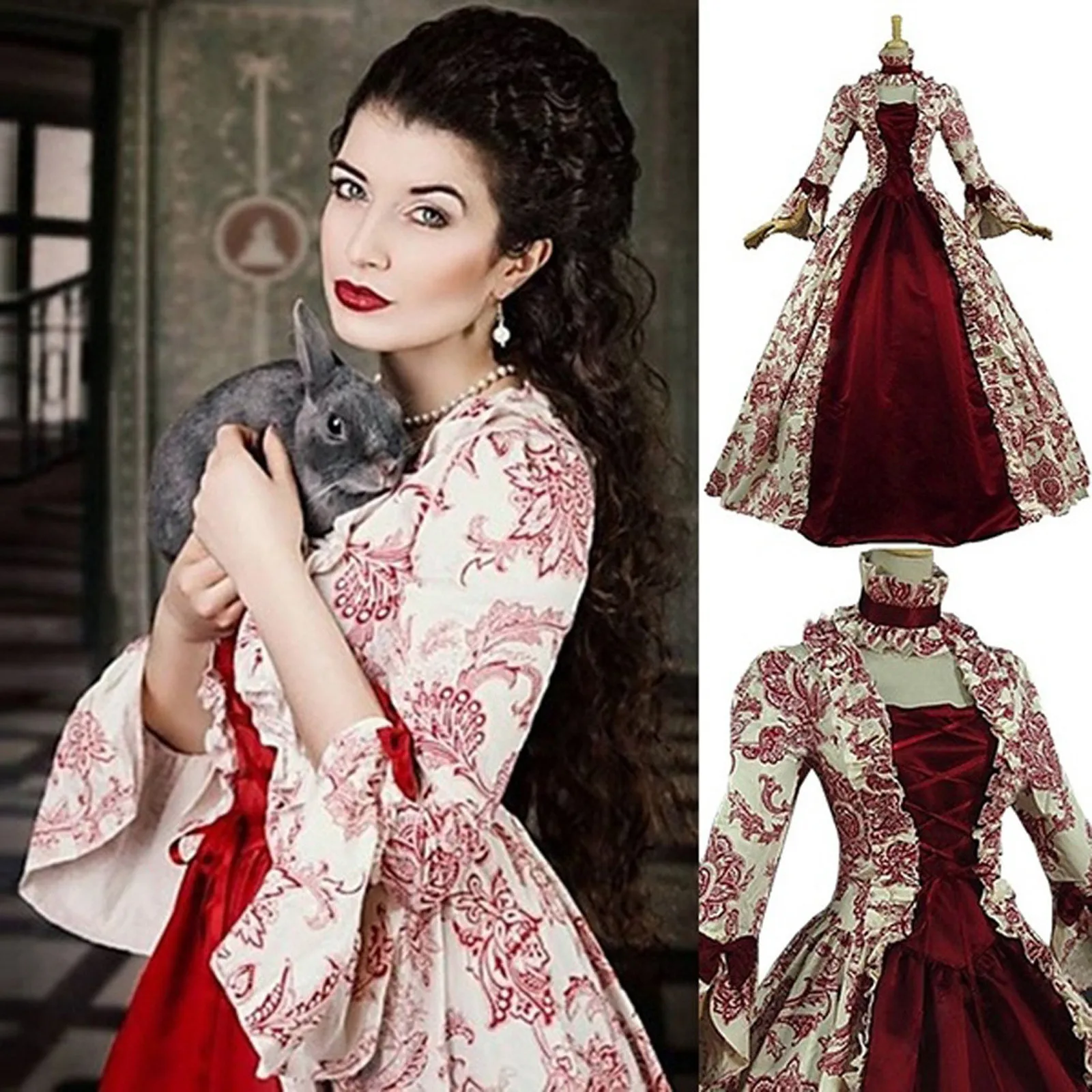 

Women Lace-Up Medieval Dress Ruffles Bow Vintage Victorian Carnival Maxi Dress Patchwork Floral Female Fairy Long Dress Femme