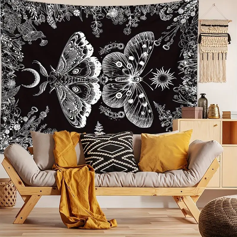 VIKAMA Black and White Sun Moon Moth Butterfly Flower Frame Tapestry Background Cloth Wall Hanging Trendy Room Decoration