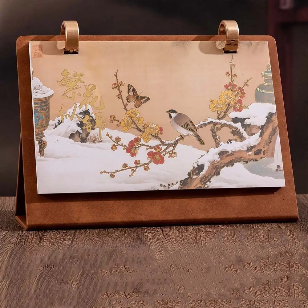 

Portable Leather Coil Horse Year Desk Calendar Flip Design Standing Coil Calendar Retro Memo Pad Calendar Home Decor