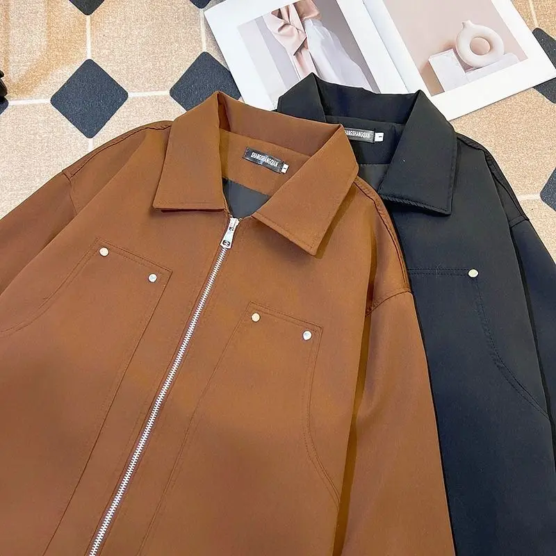 

Retro American Rivet Jaet Men's Loose CleanFit Trendy Loggers Workwear Coat Spring Autumn Seasonal Polyester Fabric