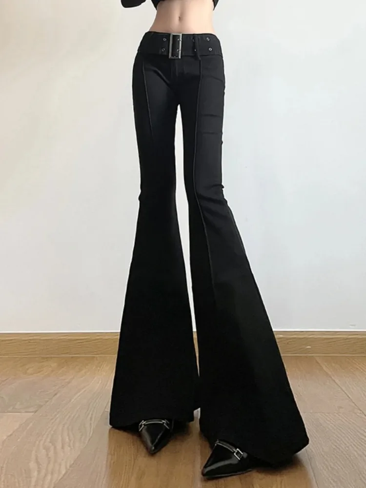 Celana Jeans Hitam Model Flare Y2k Retro Wanita E-Girl 2000-an Streetwear Fashion Celana Harajuku Lebar Yoga Pants 90-an Pakaian Estetik