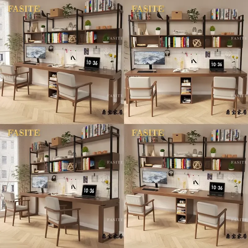 For Home Office Solid Wood Desk Bookcase Integrated Wall Mounted Double Computer Desk Long Study Table for Junior High