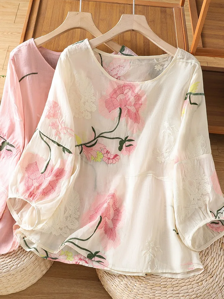 

New Chinese Style Heavy Embroidery Flax Shirt Women Summer Loose Breathable Lantern Sleeve Cotton Linen Top round Neck Short ...
