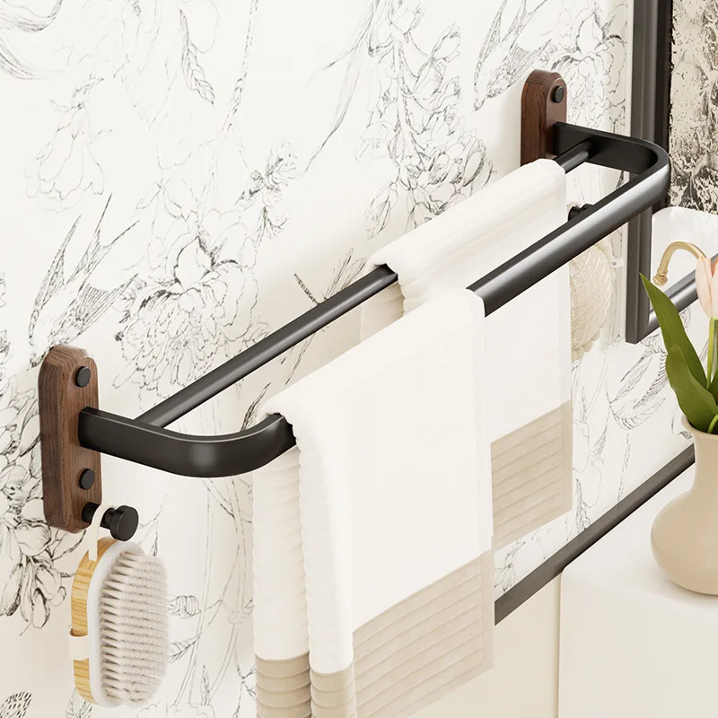 

Black Walnut Towel Rack without Drilling Self Adhesive Towel Holder Wood Wall Mounted Two Rod Bathroom Shower Towel Hanger Rail