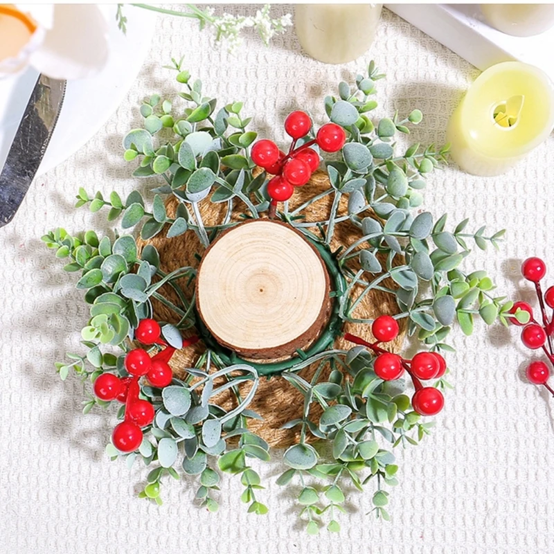 SZWA Holiday Decorative Candlestick Artificial Berries Wreath Holder Rings for Christmas Table Centerpieces Ornament