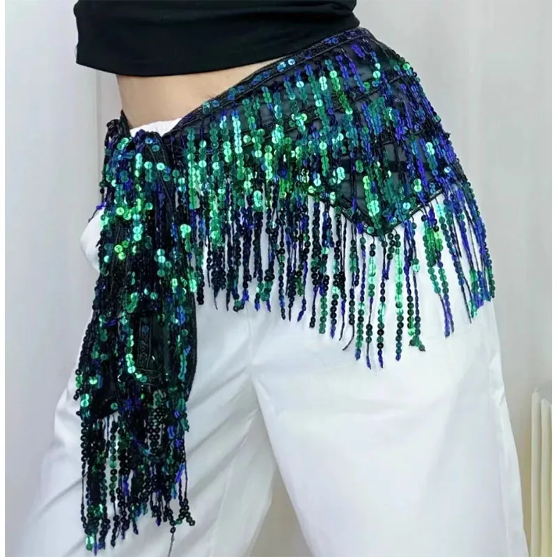 Women Sequins Glitter Belly Dance Hip Scarf Adjustable Shiny Strap Skirt for Concert Party Festival Rave Party Stage Costume