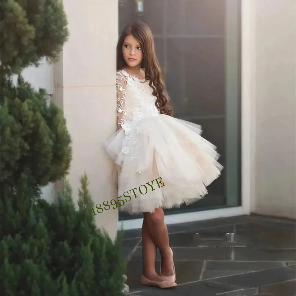 

Flower Girl Dress For Wedding Tiered Satin Knee Length Bubble Sleeve With Bow Child's First Eucharistic Birthday Party Dresses