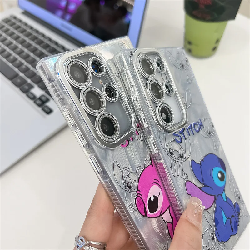 귀여운 만화 스티치 앵글 커플 폰 케이스 삼성 갤럭시 S23 S24 S25 울트라 플러스 A56 A55 글리터 렌즈 필름 충격 방지 커버