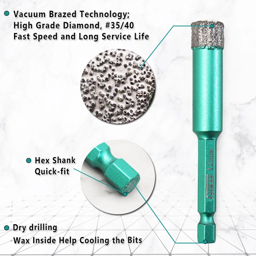 FACHLICH 5pcs/set Dia12mm Hexagon Shank Diamond Dry Drilling Core Bits Granite Marble Tile Cutter Drill Crown Quick Fit Hole Saw