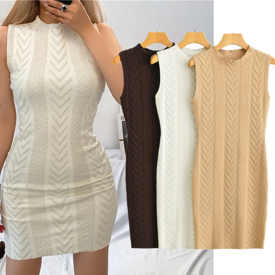 

Dave&Di England Tank Dress Women Style High Street Retro Texture Geometric Jacquard Sexy Knitted Sheath Summer Dress