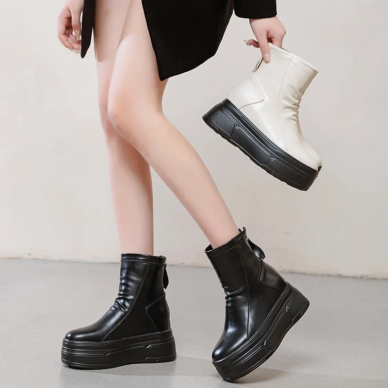 Fujin 8.5cm Retro Synthetic Leather Snow Heel Boot Ethnic ZIP Platform Flats Autumn Women Motorcycle Ankle Booties Winter Shoes image 4