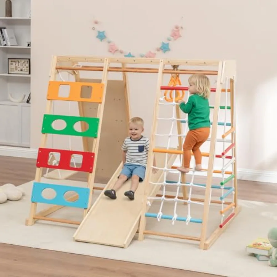 

9-in-1 Indoor Playground Jungle Gym for Wooden Climbing Toys with Slide Swing Monkey Bars Climbing Net Rock Wall Ladder and Gym