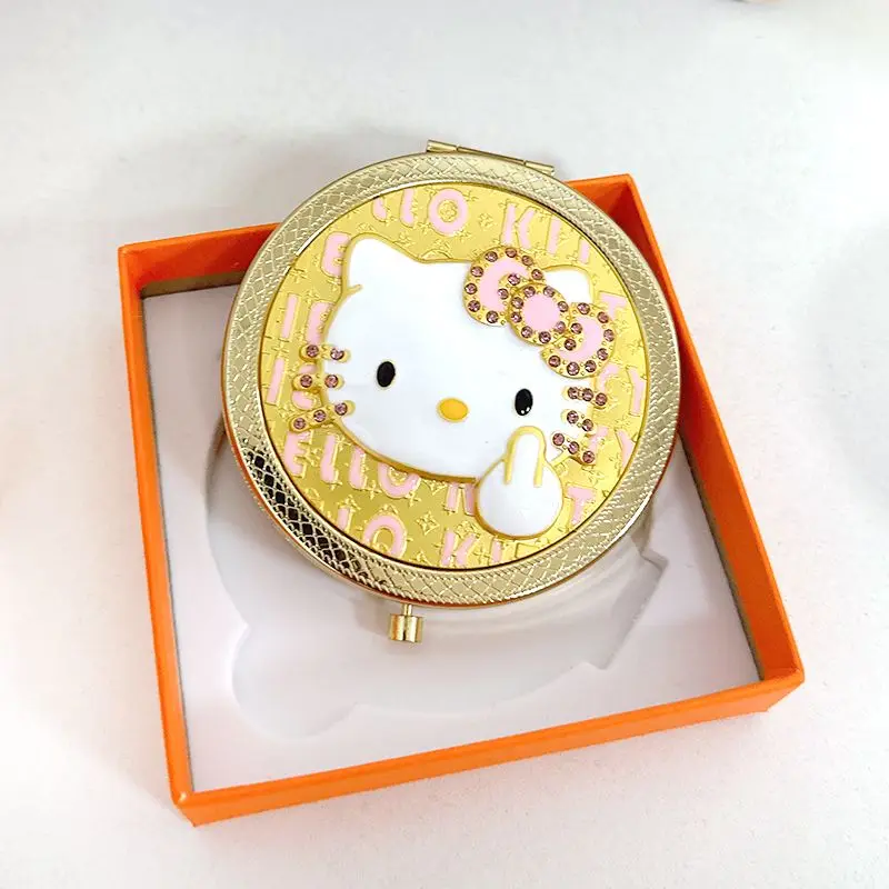 Sanrio Kawaii Hello Kitty กระจกพับนักเรียนแบบพกพากระจกสีทองอะนิเมะอุปกรณ์เสริมหอพักแต่งหน้ากระจกของขวัญ