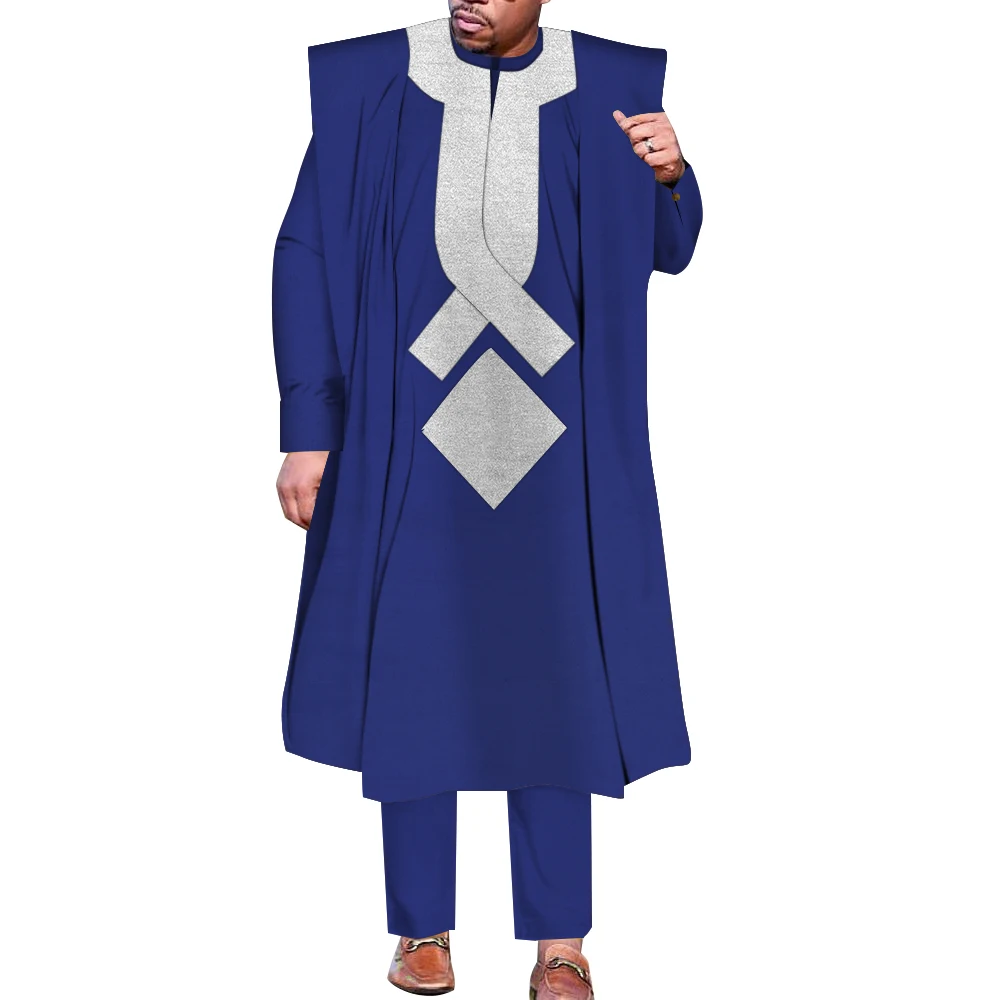 African Men Boubou Dashiki Agbada Robe Suits 3 Piece Sets Slim Men African Outfit Nigerian Clothes Bazin Riche Robe WYN1361