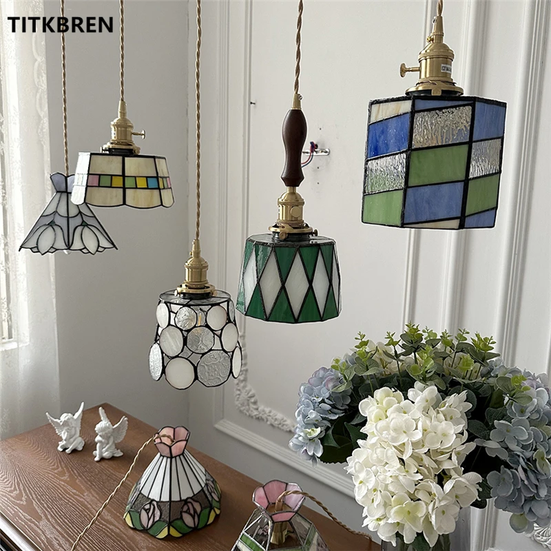 Hand Welded Colorful Glass Pendant Light Brass LED Hanging Lamp With Switch Home Indoor Bedroom Bedside Restaurant Cafe Showcase