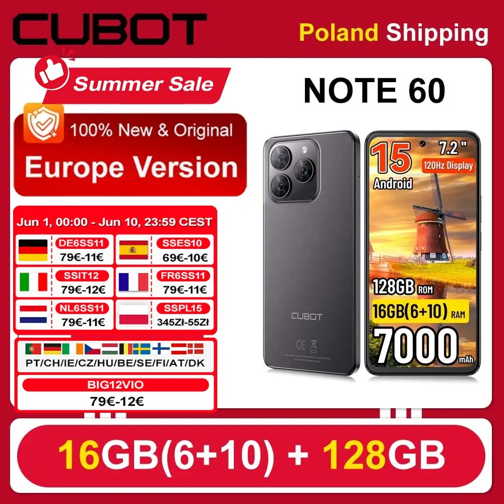 [Versand aus Polen] Cubot Note 60 7000mAh Android 15 Smartphone 7,2'' 120Hz 16GB(6+10GB) RAM 128GB ROM 48MP Kamera Mobiltelefone