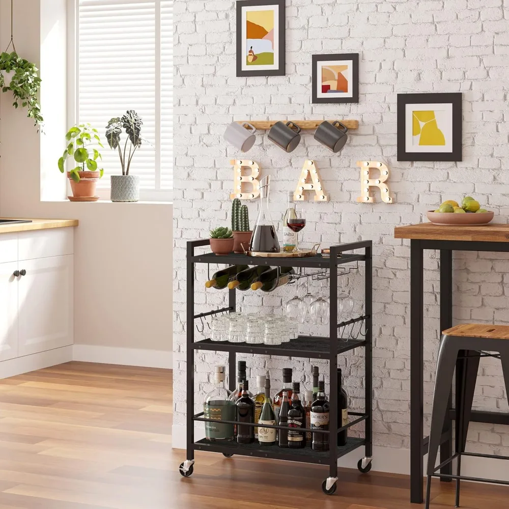 

Bar Cart - Serving Cart for Home - Microwave Cart, Drink Cart, Mobile Kitchen Shelf with Wine Rack and Glass Holder, Rol