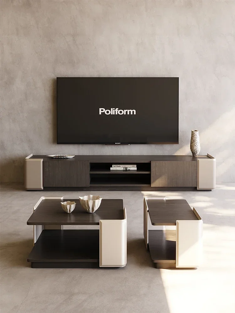 X Solid wood coffee table light luxury saddle leather tea table minimalist living room tea table TV cabinet combination