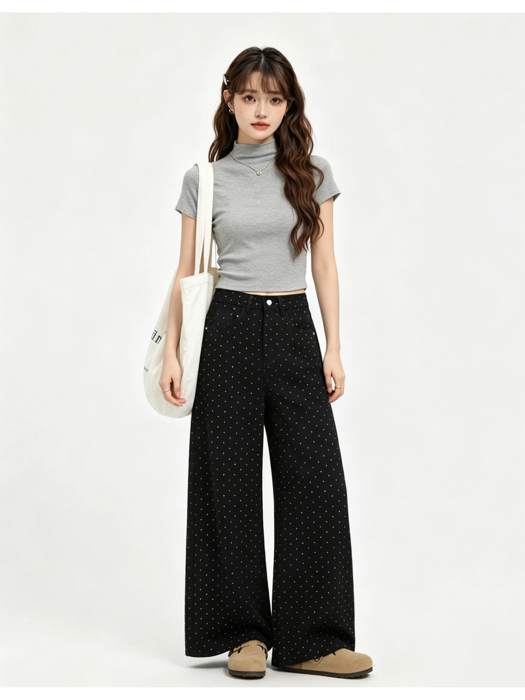 

Retro Korean Polka Dot Wide Leg Jeans High Waist Slimming Summer Skin-friendly Floor Length Pants New Style Ladies Jeans