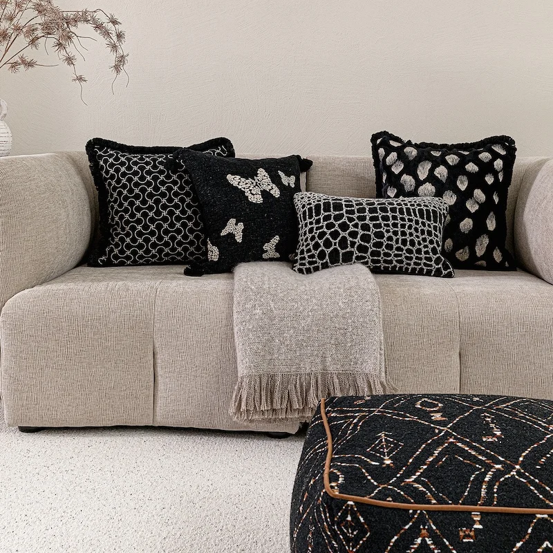 Boho Black & White Embroidered Pillow Cover Set | Luxury Textured Cushion Cases with Butterfly/Geometric Pattern | Modern Decor