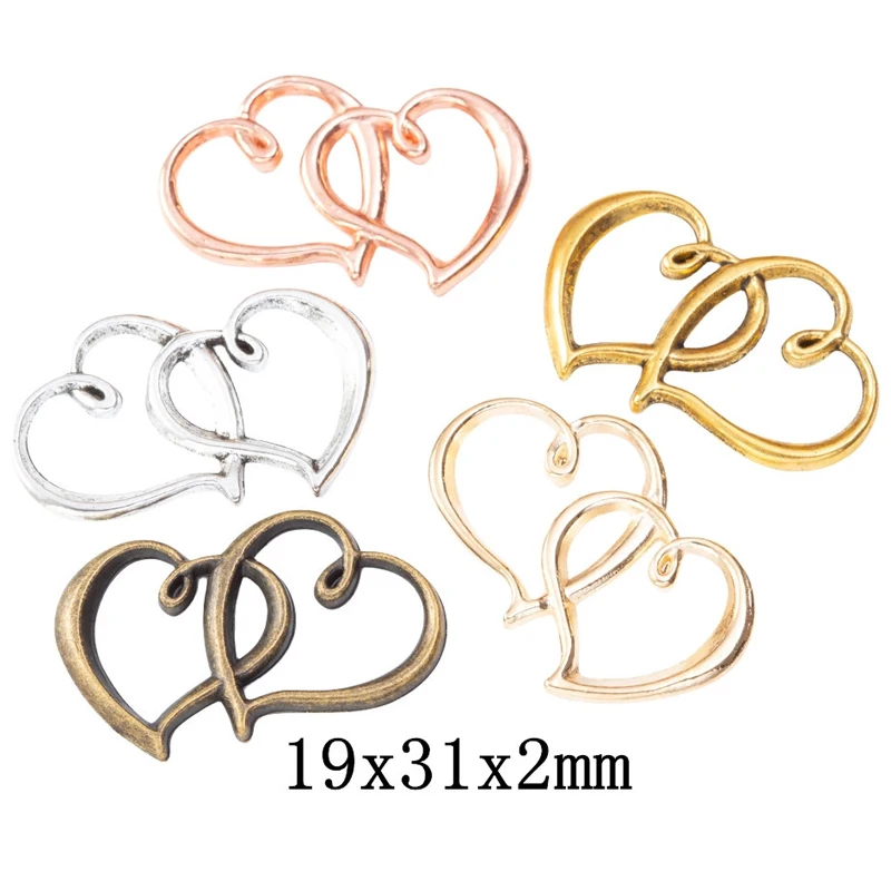 50pcs 31*19MM Zakka Style Wedding Creative Gift Alloy Heart To Heart Jewelry, Vintage Classic Handmade Diy Sweater Necklace Pend