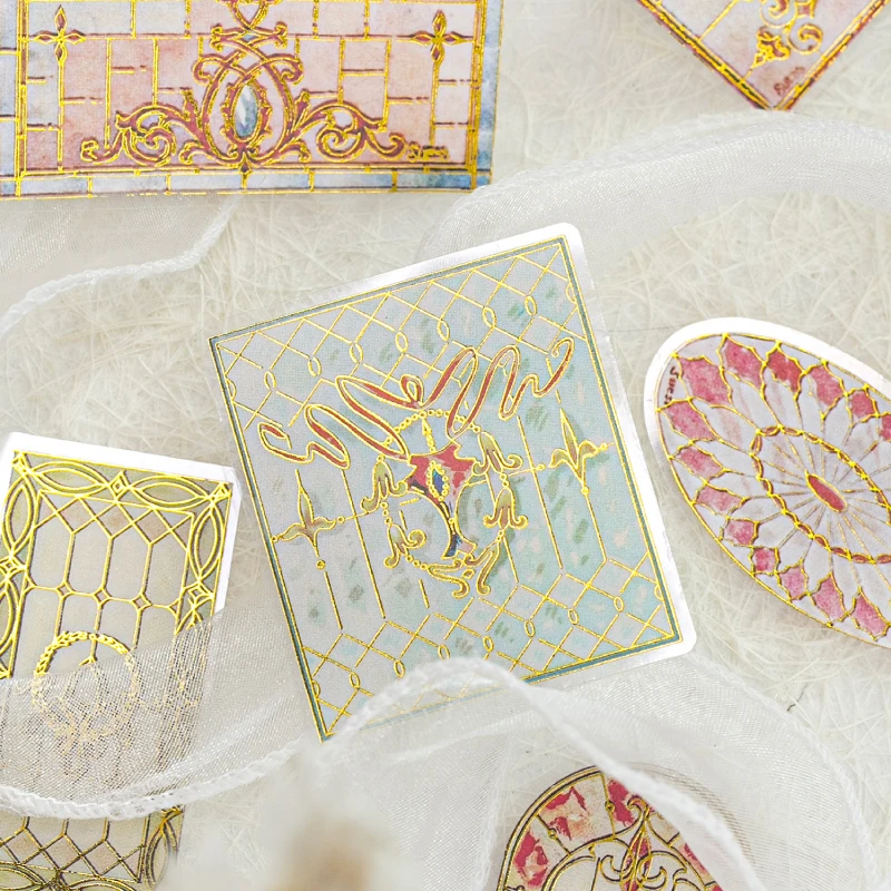 6 Style Vintage Floral Tile Series Gold Foil PET Sticker DIY Journal Diary Scrapbooking Phone Case Collage Decorative Stickers view 5