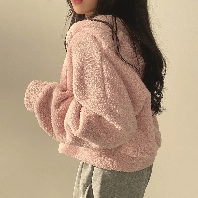 Women's Fall Winter Lambswool Long Sleeve Casual Top Korean Style Zip Hooded Oversized Sweatshirt Y2K Street Style Fleece Jacket