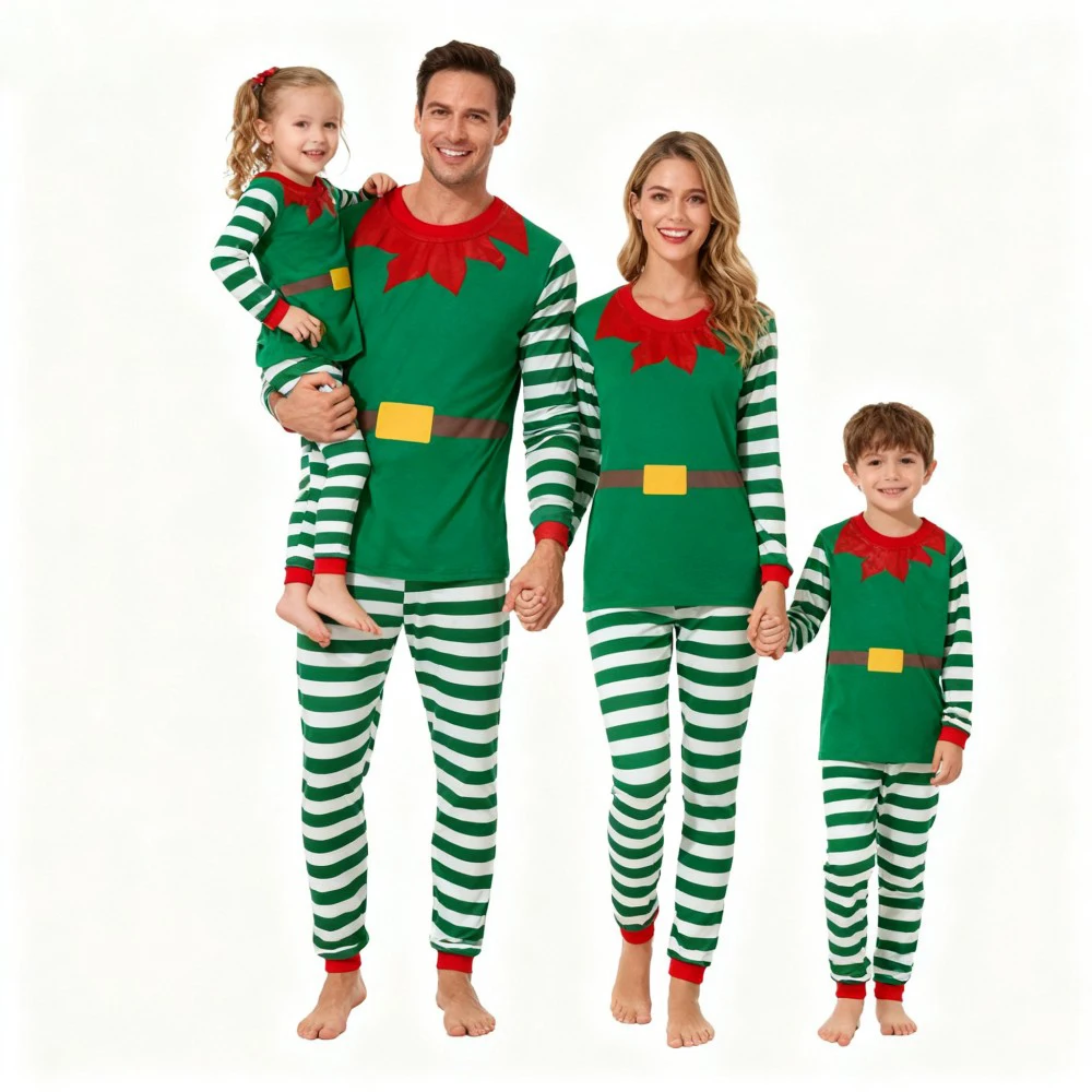 

Christmas Family Matching Pajamas Sets Elf Sleepwear for Parents and Children Kids Festive Xmas Pjs Dad Mom Striped Pants Pijama