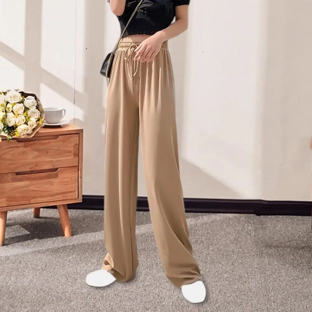 Women's Vertical Stripe Ice Silk Wide Leg Pants Spring And Summer Women's High Waist Drawstring Casual Stretch Straight Trousers