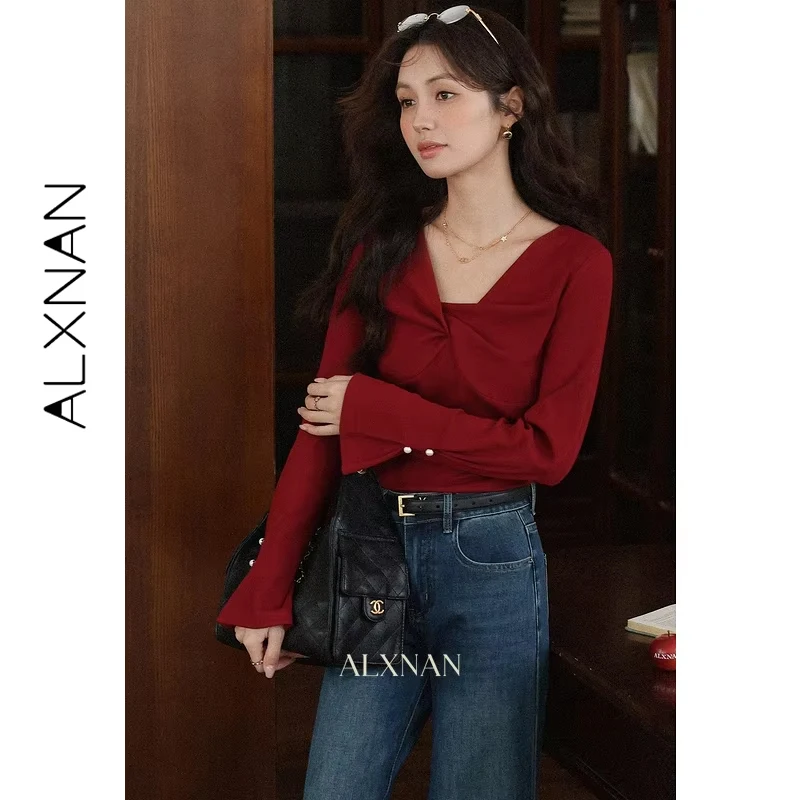 ALXNAN 플러스 사이즈 트위스트 브이넥 풀오버 2025 가을 플레어 커프스 긴팔 스웨터 캐주얼 여성 부드러운 패션 니트웨어 D12535-2