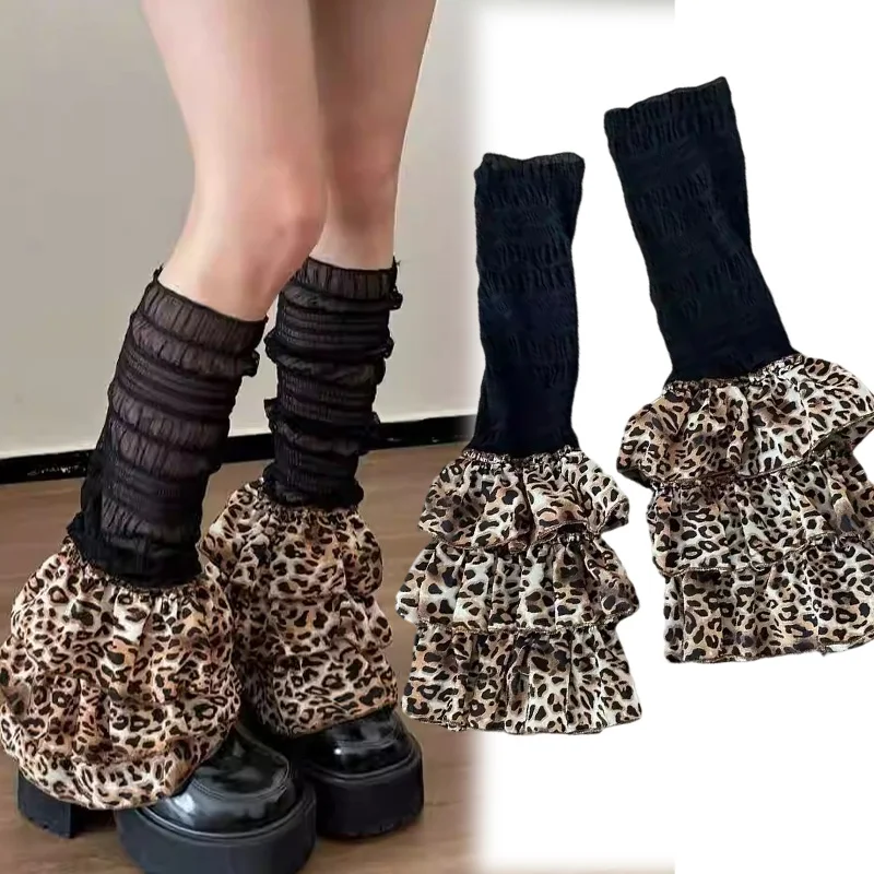 

Fashion Spicy Girl Leopard Print Leg Warmer Winter Warm Vintage Lolita Black Piled Calf Socks Mesh Boot Cover Cosplay Decoration