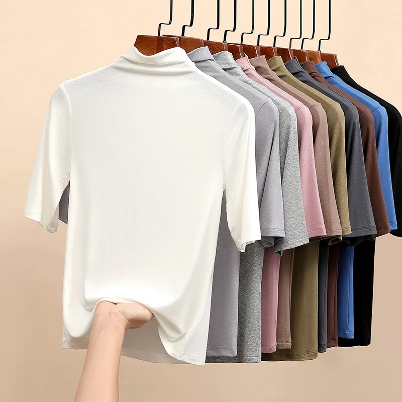 Half Turtleneck Milk Silk Tops Women Short Sleeve Slim T-Shirt Solid Color Basic Trend Bottoming Shirt High Street Women Blouse