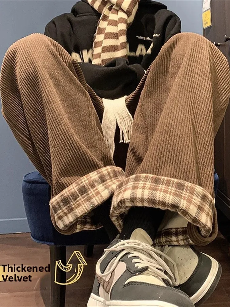 

Men's Corduroy Pants Thickened Fleece Autumn Winter Straight Leg Trousers Plaid Design Casual Pants Loose Fit Long Pants