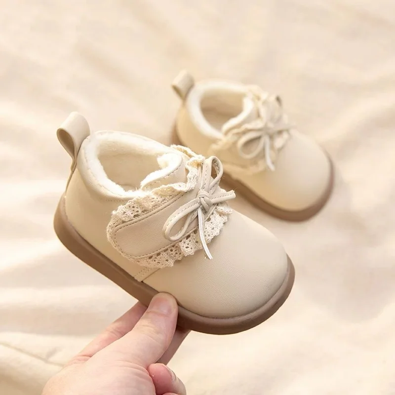 JGSHOWKITO Girl Child Boots Winter Beige Warm Non-slip Toddlers Ankle Boots with Bowknot Outdoor Flurry Kids Fashion Plush Boots
