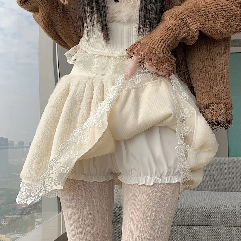 Kawaii Zoete Ruches Rok Vrouwen 2023 Herfst Winter Y2k Harajuku Kant Patchwork Pluche Korte Rok Japanse Mini Faldas Gothic Nieuwe