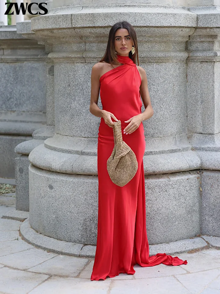 Vestido de fiesta elegante con lazo de satén y cuello halter para mujer, sexy de espalda descubierta, sin mangas, sin hombros, bata, nuevo verano 2026, vestido de noche para dama 4