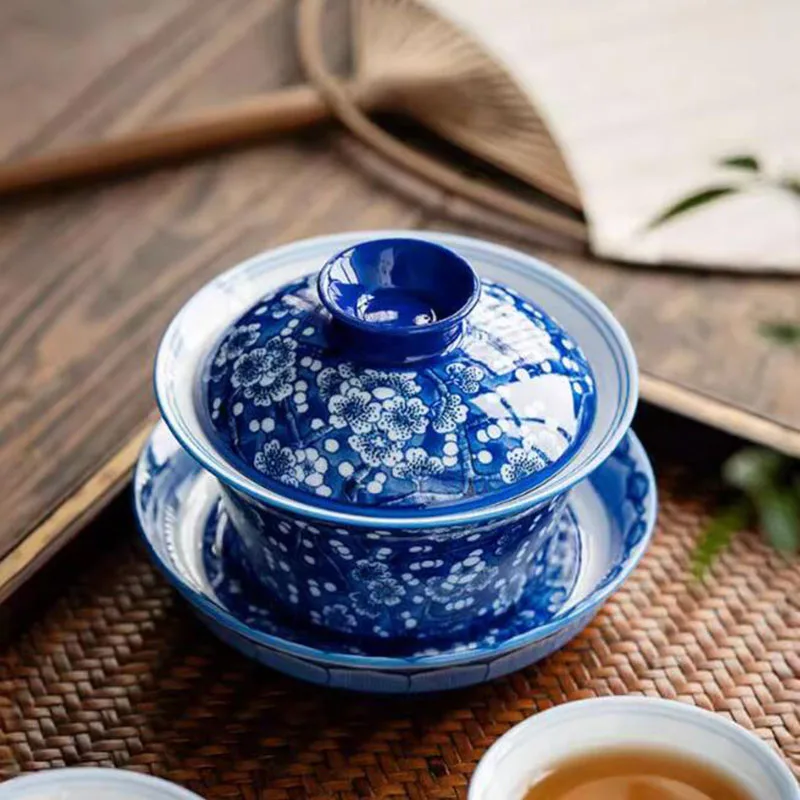 Porcelain Blue and White Plum Blossom Pattern Sancai Gaiwan Kungfu Respect Tea Cup Infuser Tea Bowl Kitchen Teaware