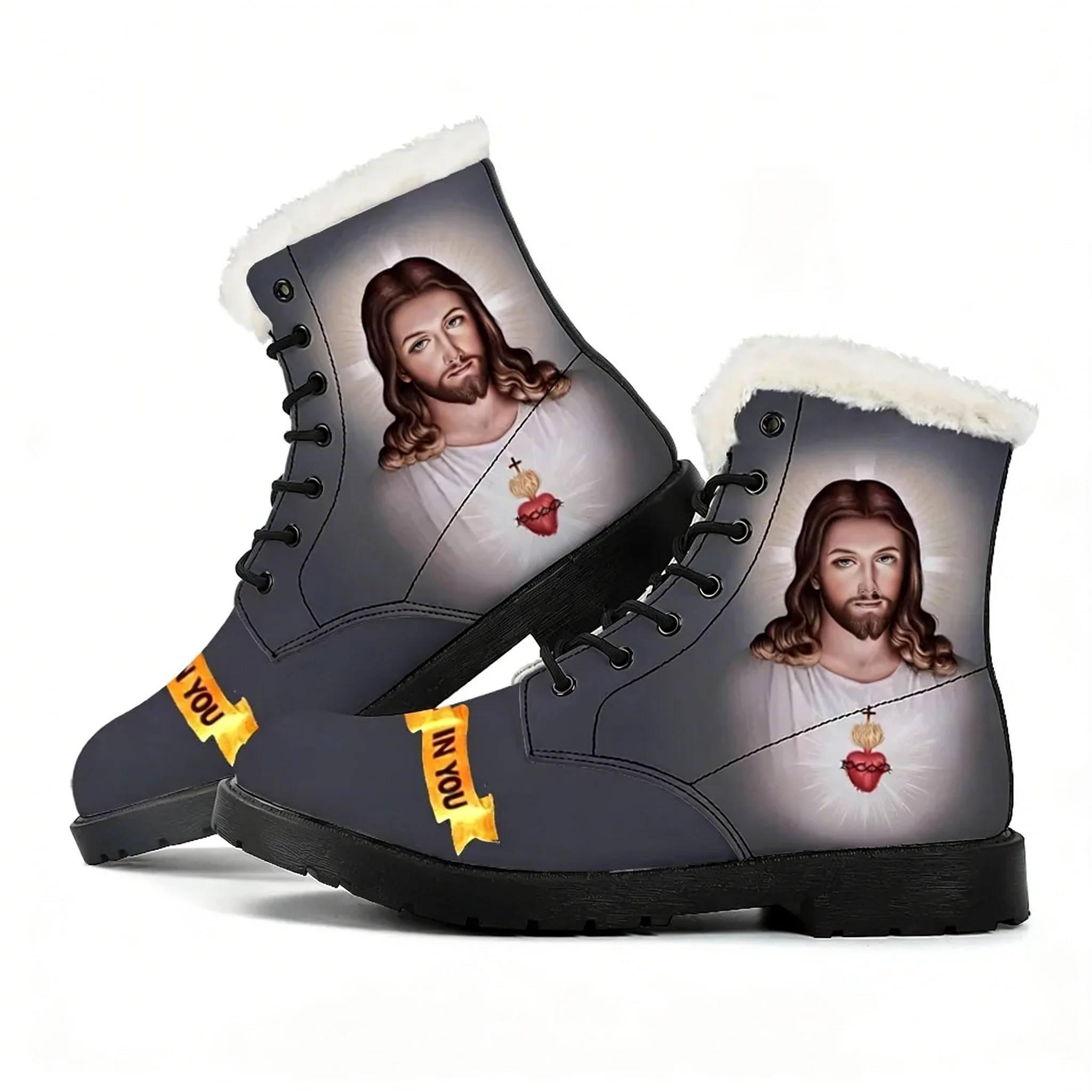 

DIY Christian God Religion Jesus Printed Cross Plush Boots Mens Womens Teenager Shoes Outdoor Casual Boot Light Customize Boots