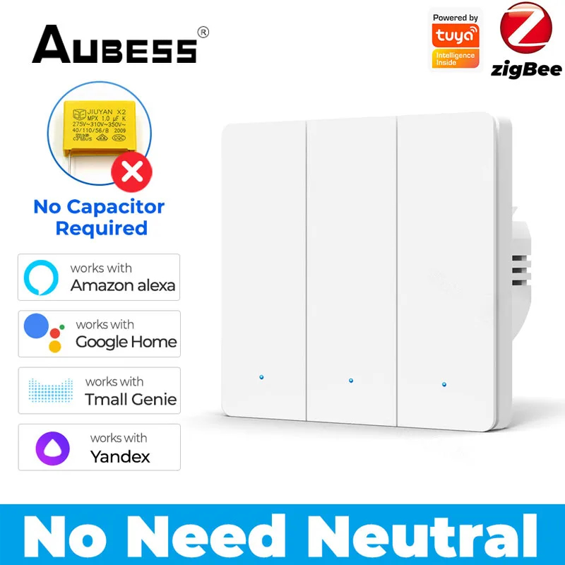 Tuya Zigbee Smart Home Universal Wall Button Switch No Need Neutral Line 1/2/3gang Voice Control Via Alexa Google Home Alice