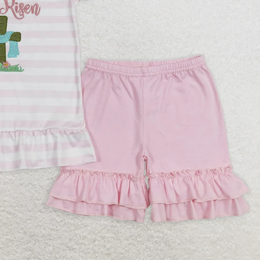 Ensemble chemise et t-shirt de pâques pour bébés filles, avec short à volants à rayures roses, pour le printemps