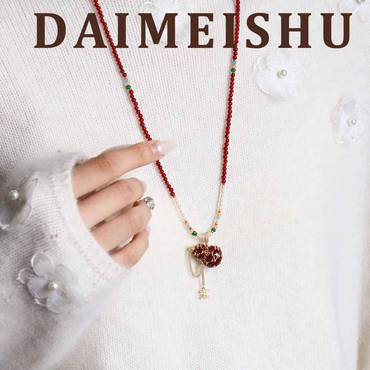 オリジナルデザインの中国風エレガントな油滴模様のひょうたん型パール天然石セーターチェーンとロングネックレス（女性用）