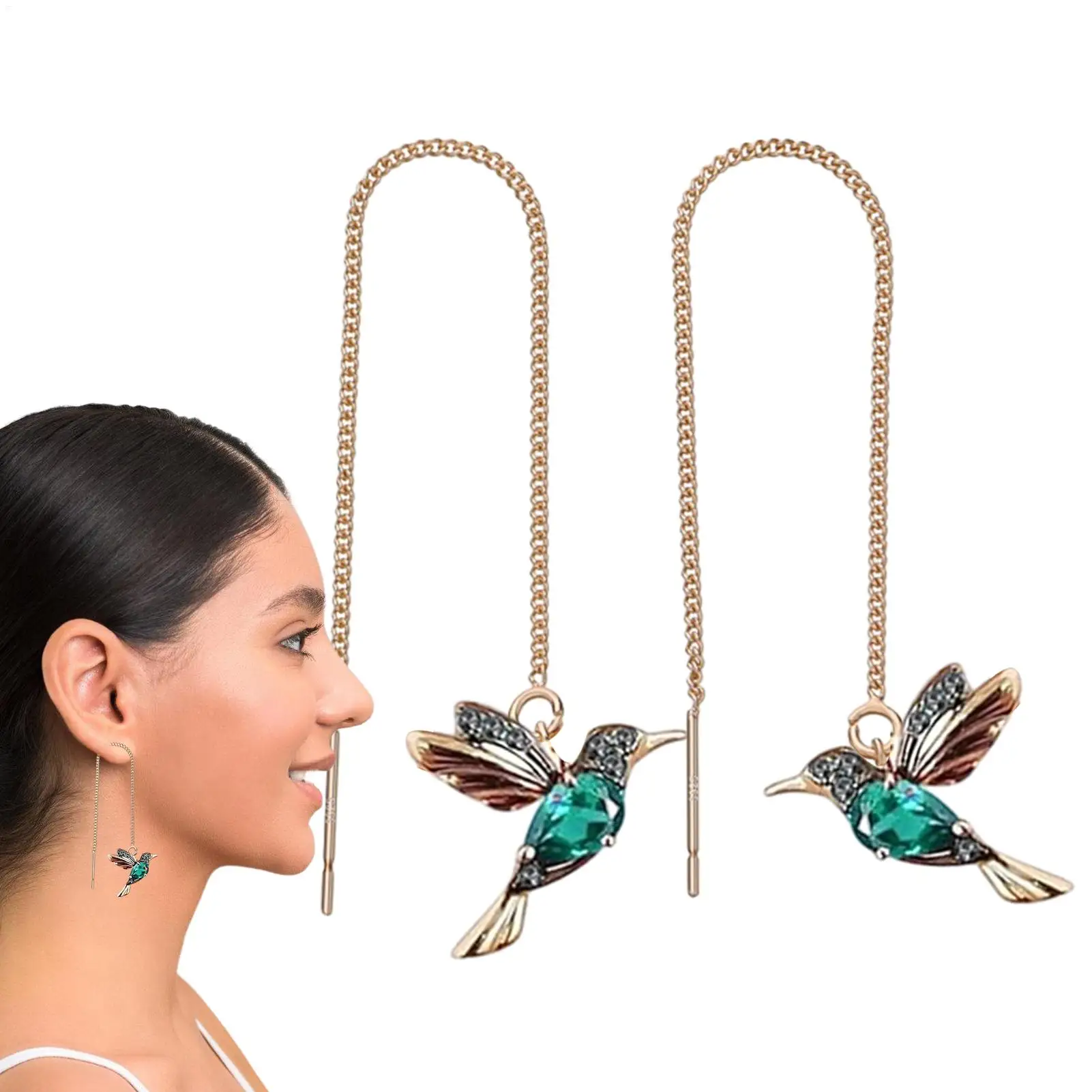 Hummingbird Pull Through Threader Earrings Hummingbird Wing Pendant Necklaces Portable Light Weight Long Chain Drop Earrings