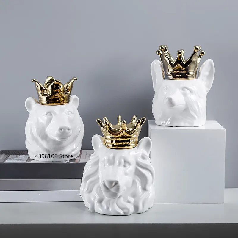 

Golden Crown White Ceramic with Lid Storage Tank Candy Jar Desktop Decoration Animals Head Storage Tank Nordic Home Decoration