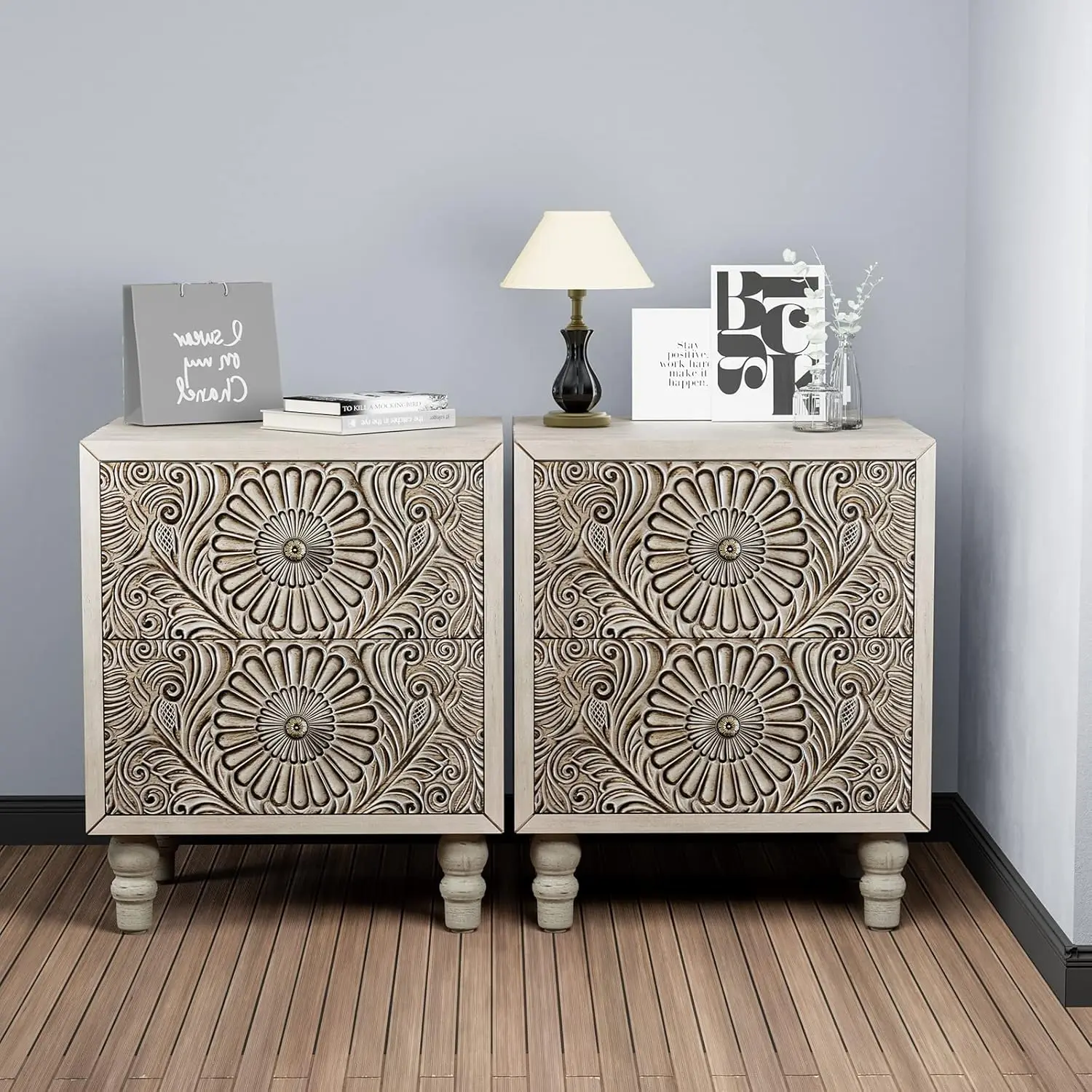 End Table with 2 Drawers Sets of 2, 2 Tier Bedside Table Sets Wood Grain Nightstand, Small Accent Table with Pattern Drawer