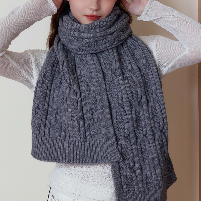 Dark Grey Solid Knit Scarf Women Winter Thick Warm Twist Pattern Long Muffler Vintage Soft Wrap Beige White Colors Fashion Shawl