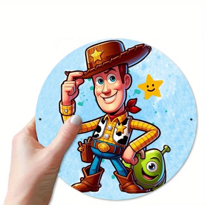 Letrero de estaño impreso 2D plano, Toy Story Sheriff Woody y Alien, 20,32x20,32 cm, adecuado para decoración de sala de estar o dormitorio, 2D Fl