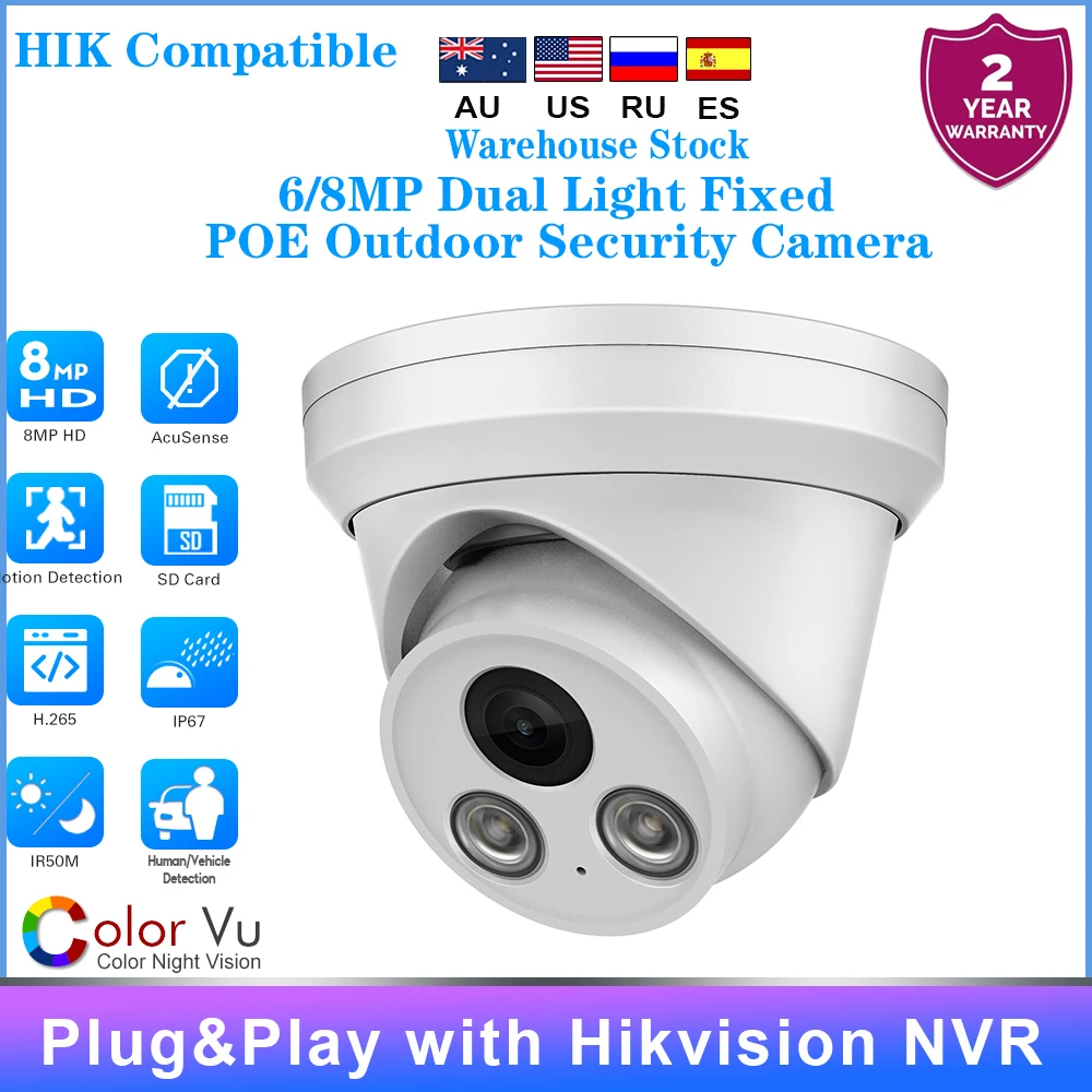 Hikvision Compatible 8MP 5MP ColorVu IR Dome IP Camera Built-in MIC  Security Surveillance Camera Plug&Play with HIK NVR