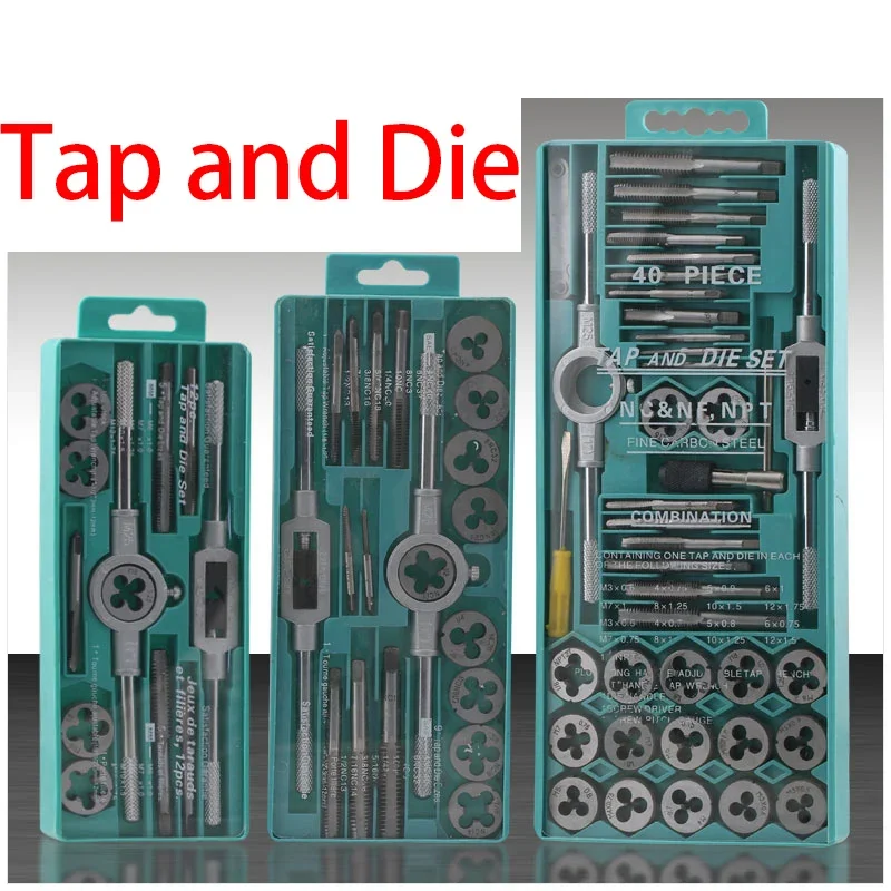 

Tap and Die Set 12Pcs 20Pcs 32Pcs 40Pcs 45Pcs 60Pcs Metric or SAE Standard Bearing Steel Taps and Dies Essential Threading Tool