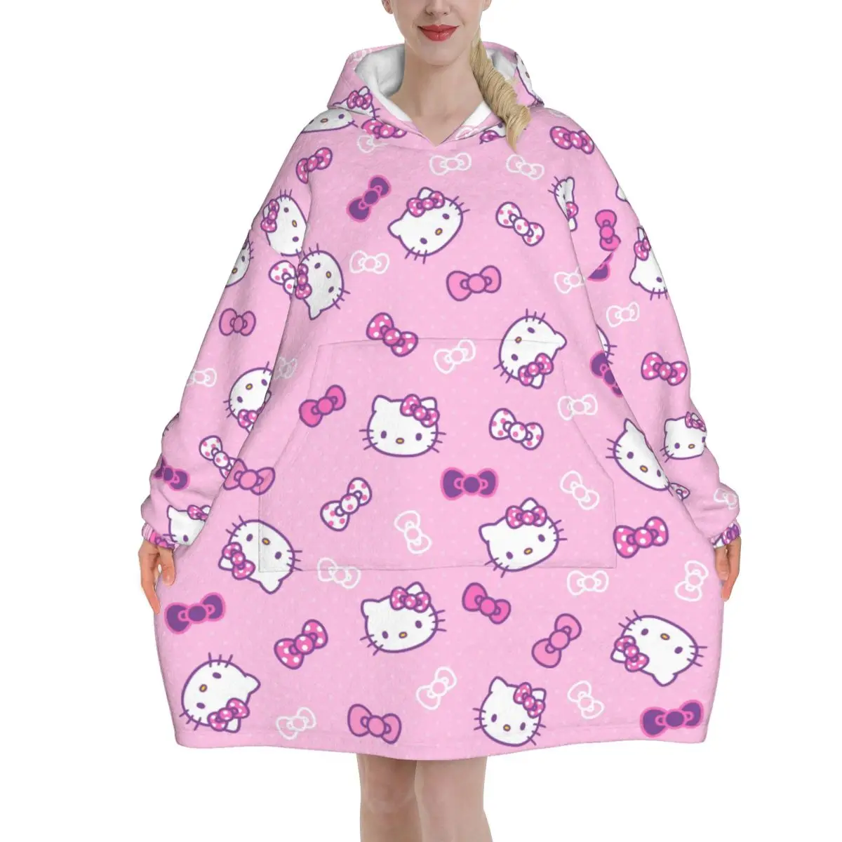 Hellos Kittys Manta de gran tamaño con dibujos animados, sudadera con capucha, manta larga de lana con capucha, manta usable con bolsillo grande para mujeres y hombres